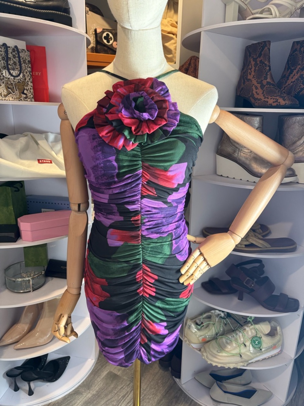 AFRM Mila oversized bloom Halter Bodycon ruched Mini Dress floral Purple M nwt - Picture 3 of 8